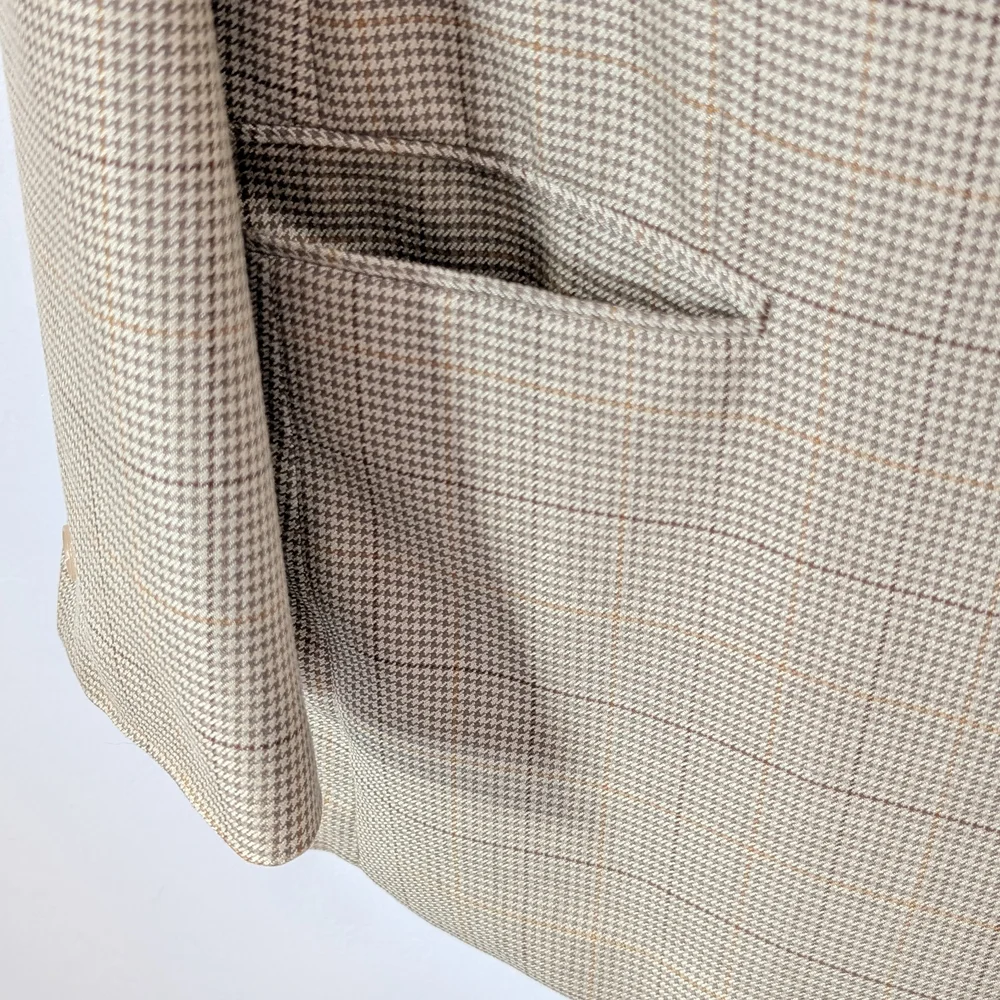 Alan Flusser Men's Light Tan Houndstooth Silk Worsted Wool Blazer Size 42R Sleek